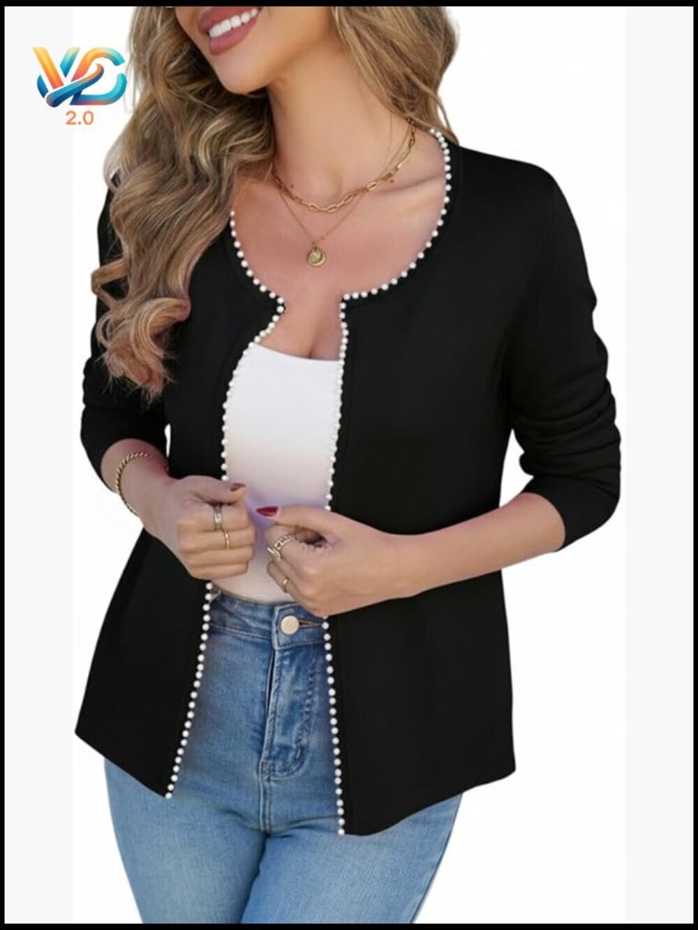 Lightweight Open Front Sweater Cardigan Pearl Trim Knit Jacket Long Sleeve